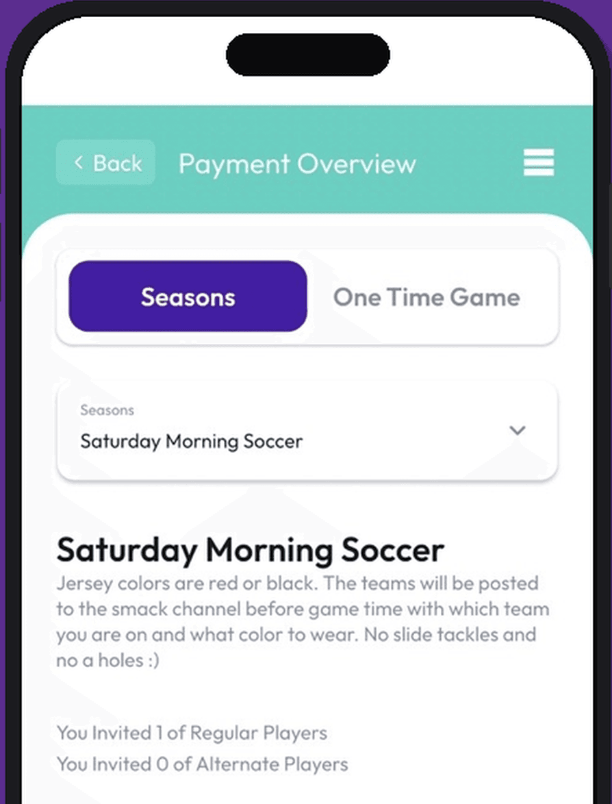 Roster's Payment Overview screen for Saturday Morning Soccer, showing how many Regular and Alternate players have been invited